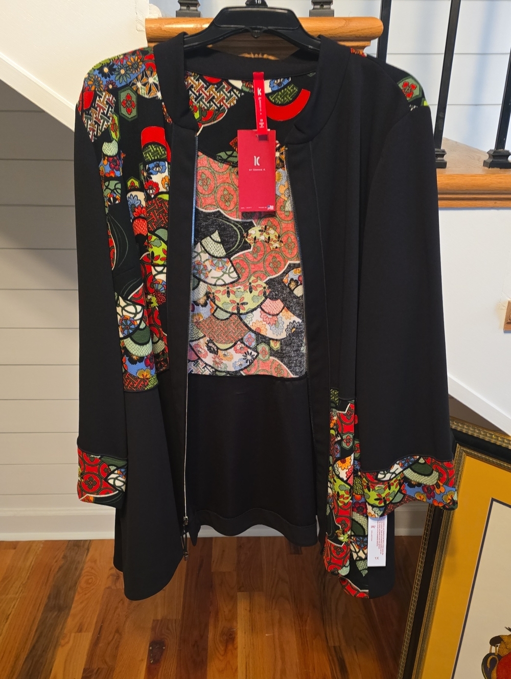 KEREN Hart Black Robe with Multicolor Patterned Panels